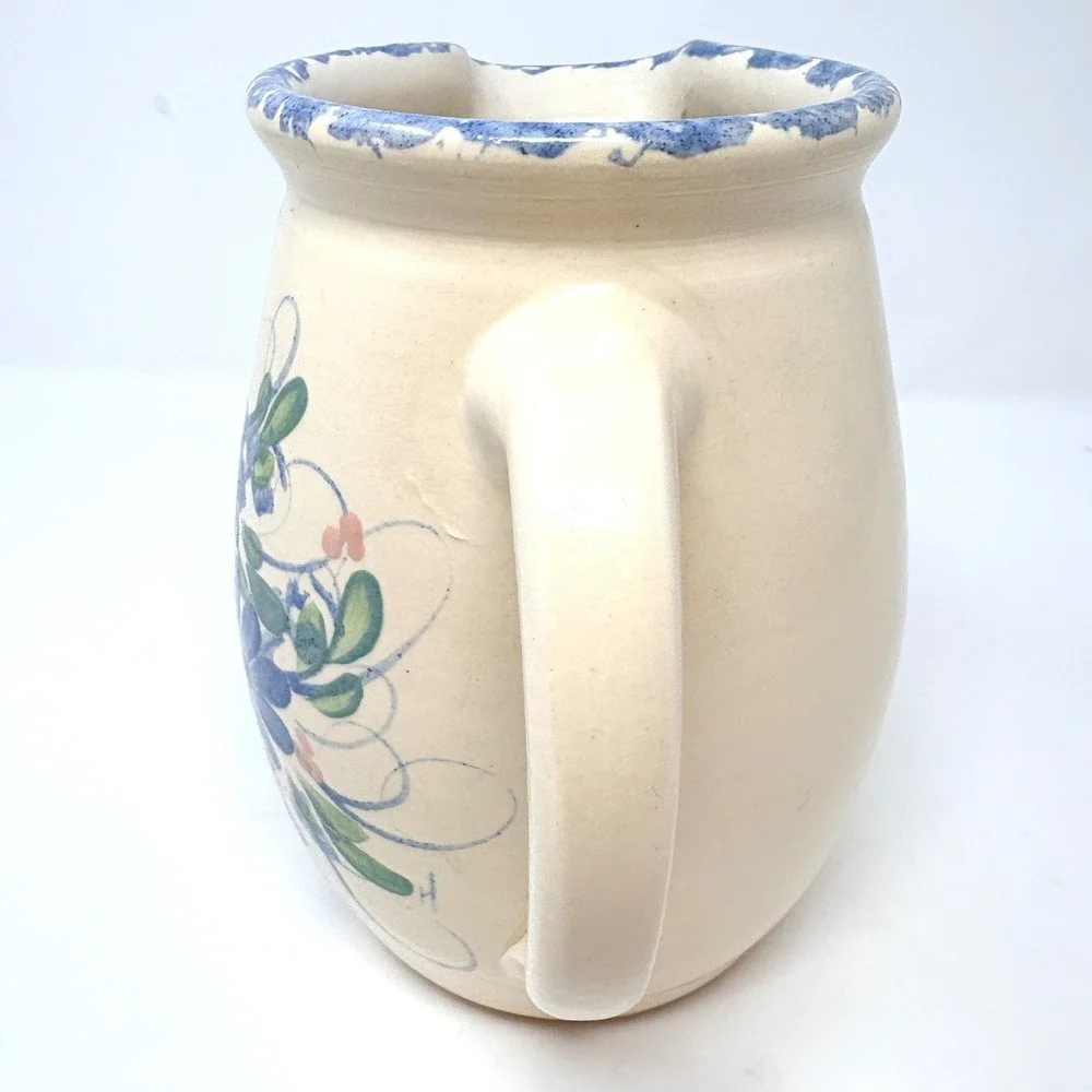 East Texas Pottery Blue Floral Hand Painted Ceramic Pitcher Marshall Texas 7.5in